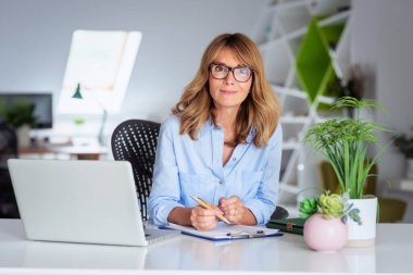 Ofiste dizüstü bilgisayarda çalışan finansal danışman iş kadınının portresi.. 