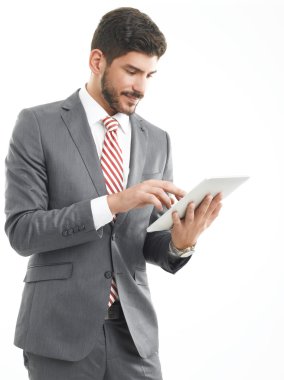 man touch the screen of tablet