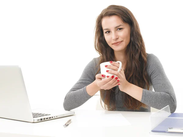 Empresária sentada na frente do laptop — Fotografia de Stock