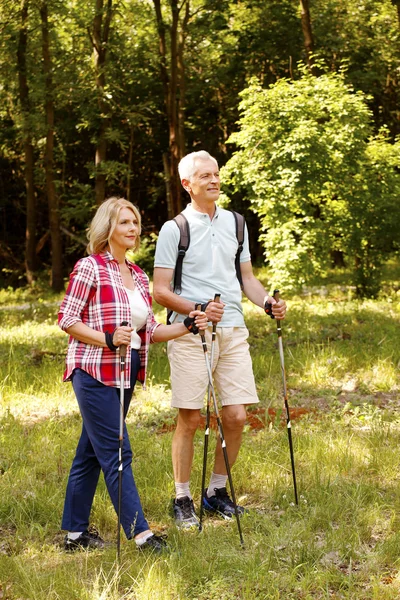 Seniorenpaar genießt Nordic Walking — Stockfoto