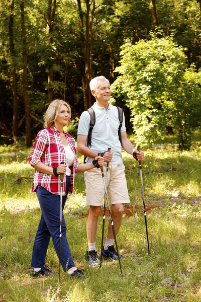 Senior couple enjoying a nordic walk