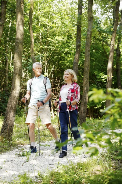 Pareja mayor activa disfrutando de un paseo nórdico — Foto de Stock