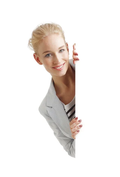 Mujer con letrero en blanco — Foto de Stock