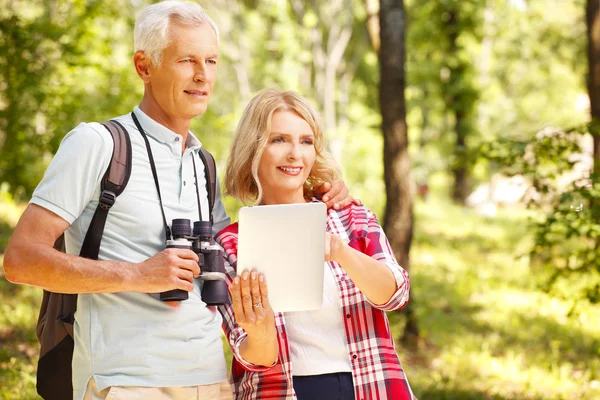 Pareja mayor paseando por el bosque — Foto de Stock