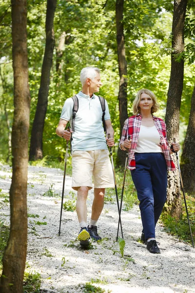 Active senior couple enjoying a nordic walk — Stock Photo, Image