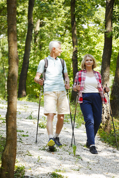 Active senior couple enjoying a nordic walk