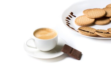 white Cup of black coffee and cake whith chocolatto