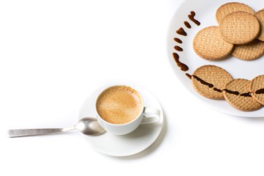 white Cup of black coffee and cake whith chocolatto