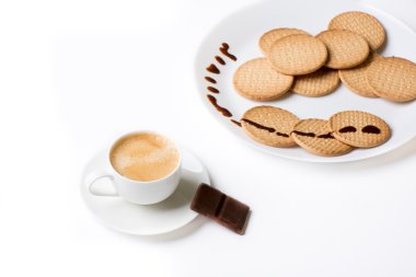 white Cup of black coffee and cake whith chocolatto