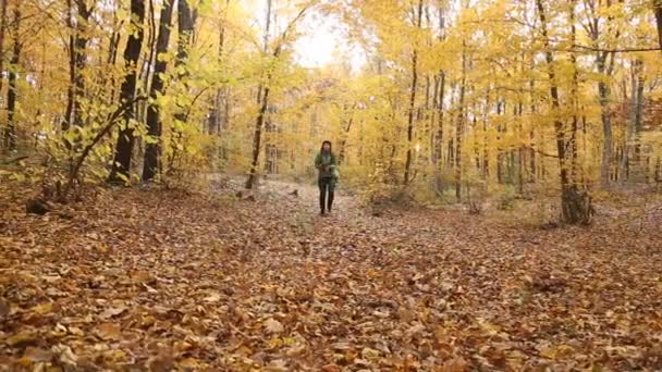 Девушка бросает листья — стоковое видео