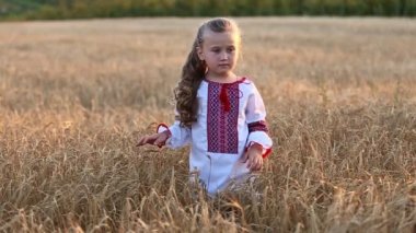 küçük kız bir buğday sahada yürüyor