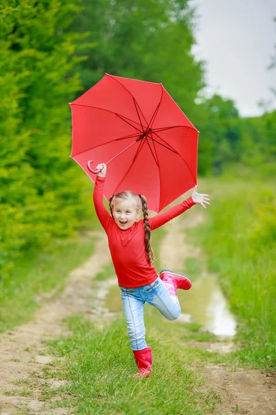 Маленькая девочка с красным зонтиком — стоковое фото