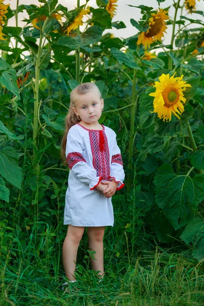 Liten flicka på fältet med solrosor — Stockfoto