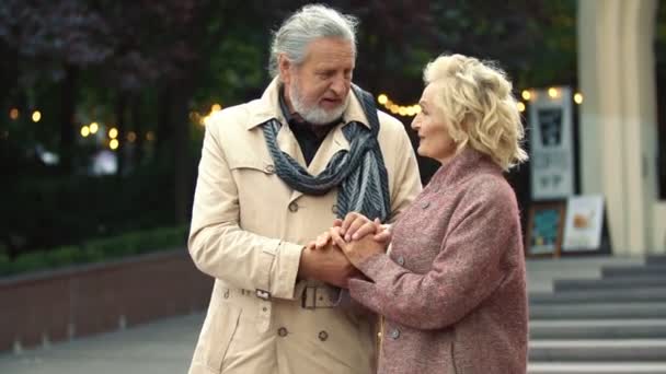 Bejaarde echtpaar lopen op straat — Stockvideo