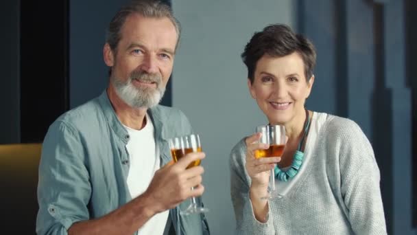 Elderly couple with glasses of wine — Stock Video