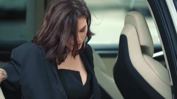 Πορτρέτο μιας γυναίκας επιχειρηματία σε ένα αυτοκίνητο — Αρχείο Βίντεο