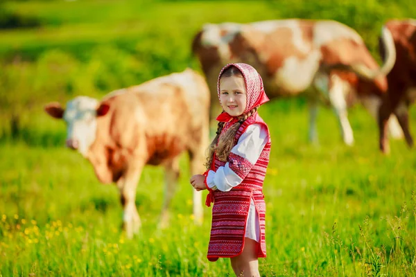 放牧奶牛的女孩 — 图库照片