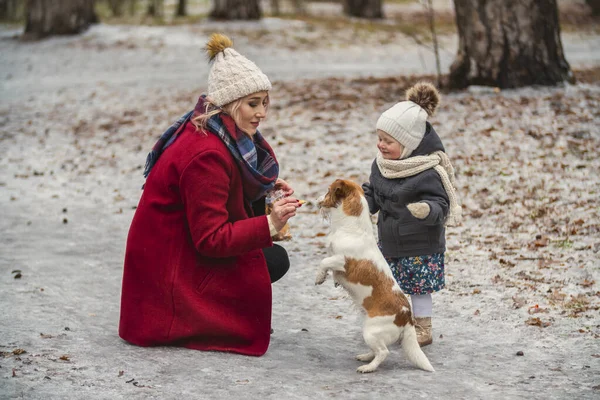 Moeder met dochter en hond in het park — Stockfoto