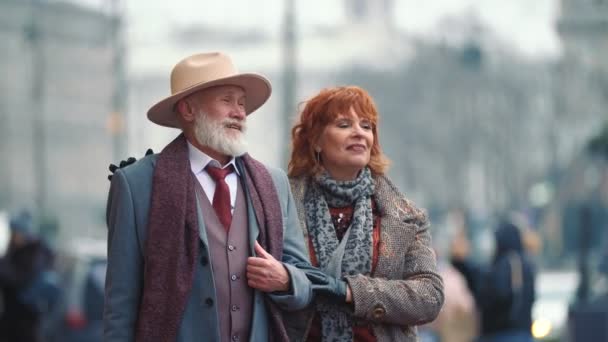 Couple âgé marchant dans les rues — Video