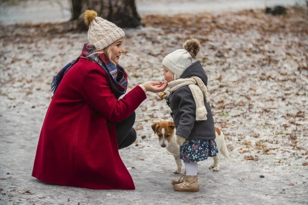 Maman avec fille et chien dans le parc — Photo