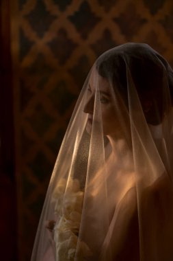 Kafasında duvağı olan hamile bir kadın.