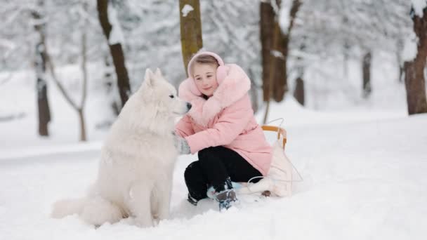 Flicka med hund på vintern — Stockvideo