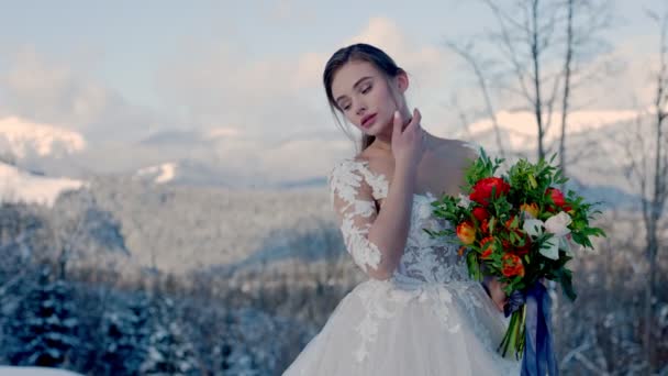 Noiva no fundo de montanhas cobertas de neve — Vídeo de Stock