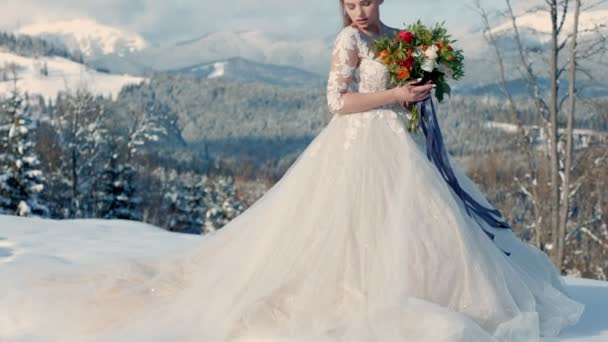 Noiva no fundo de montanhas cobertas de neve — Vídeo de Stock