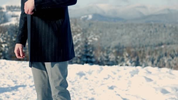 白雪覆盖的高山背景下的新郎 — 图库视频影像