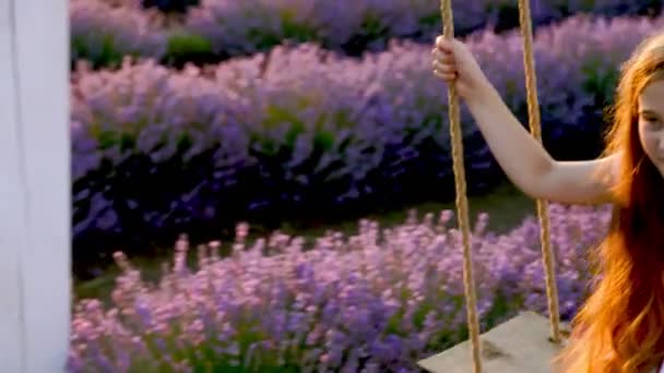 Mädchen reitet Schaukel in einem Lavendelfeld — Stockvideo