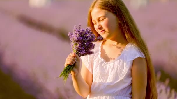 Una ragazza che corre su una lavanda fie — Video Stock