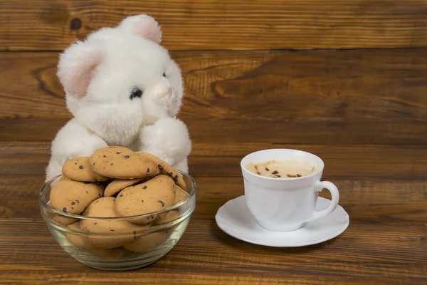 Teddy bear coffee and cookies — Stock Photo, Image