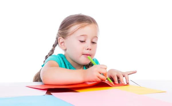 Girl draws at the table — Stock Photo, Image