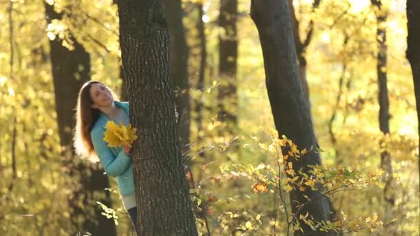 Chica escondida detrás de un árbol — Vídeos de Stock