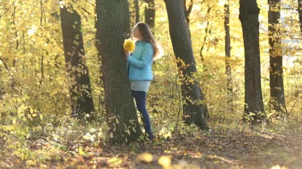 Девушка прячется за деревом — стоковое видео