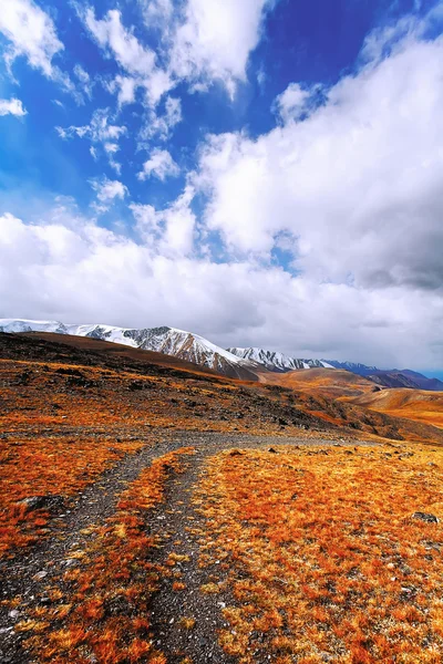 Besneeuwde bergtoppen boven de oranje steppe en berg weg. — Stockfoto