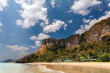 Plaj, dağlar, palmiye ağaçları