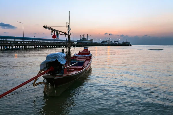 Boat and sea port at sunset — Stock Photo, Image