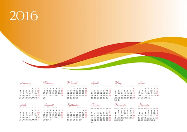 Vector template of 2016 calendar on orange background — Stock Vector
