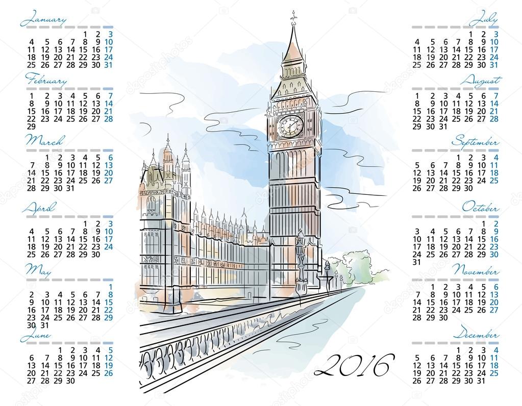 Vector template of 2016 calendar with Big Ben