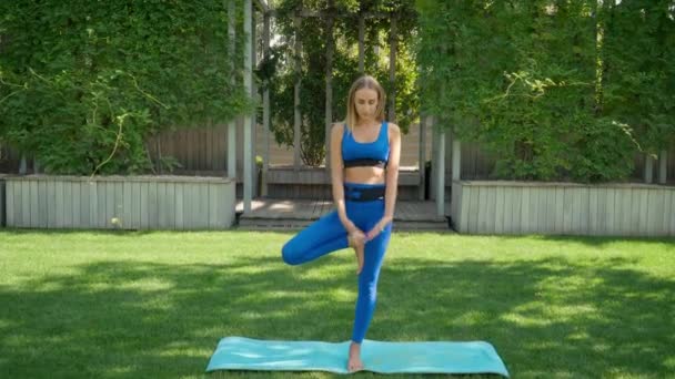 Mujer practica yoga al amanecer en pinar Clip De Vídeo