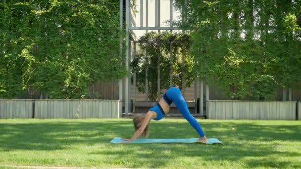 Yoga en el parque. Mujer rubia en ropa deportiva practicando yoga Metraje De Stock