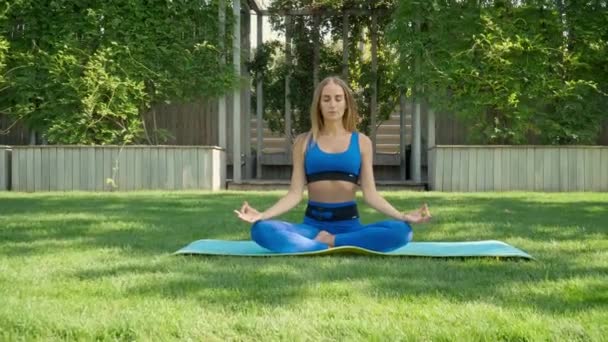 女の子座って瞑想。ヨガの練習をしている若い女性 ロイヤリティフリーのストック動画