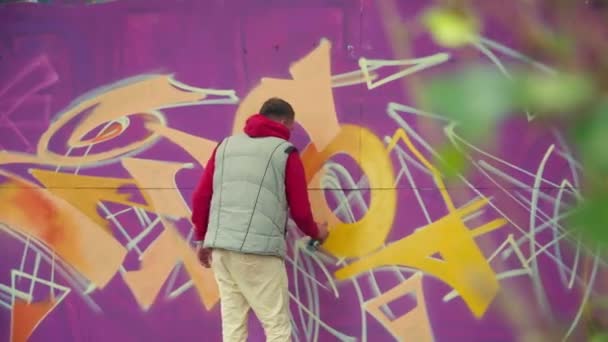 スプレーペイントウォール落書きアート。通りの壁に若い男が絵を描く ロイヤリティフリーのストック動画
