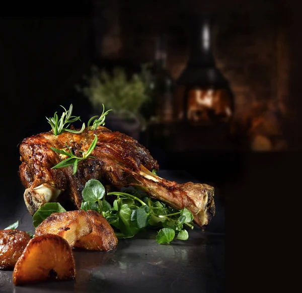 Roasted Shoulder Lamb Rosemary Garlic Watercress Garnish Roasted Potatoes Shot — Stock Photo, Image