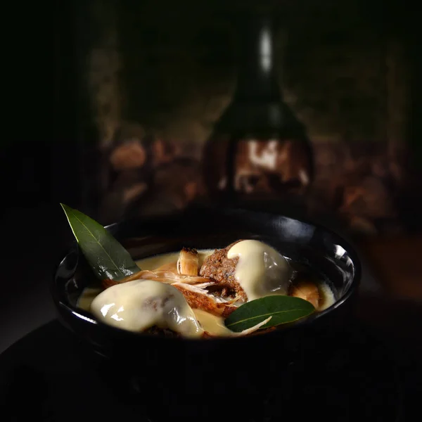 Najlepsze Domowe Komfort Jedzenie Rosół Zupa Kremowy Rosół Zupa Pieczonych — Zdjęcie stockowe