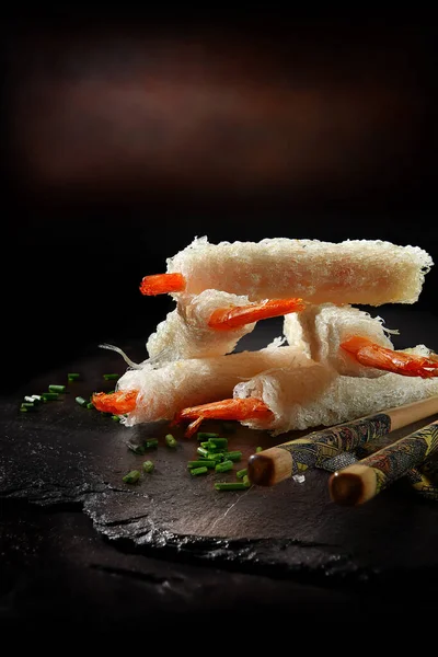 Chinese Prawn Tails Rice Pastry Fresh Chopped Chives Chop Sticks — Stock Photo, Image