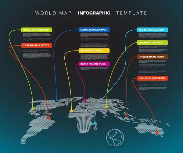 Mapa del mundo con marcas de puntero — Vector de stock