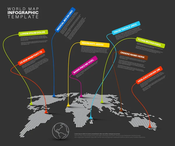 Mapa do mundo escuro com marcas de ponteiro — Vetor de Stock