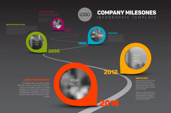 Pietre miliari Timeline Template con puntatori — Vettoriale Stock